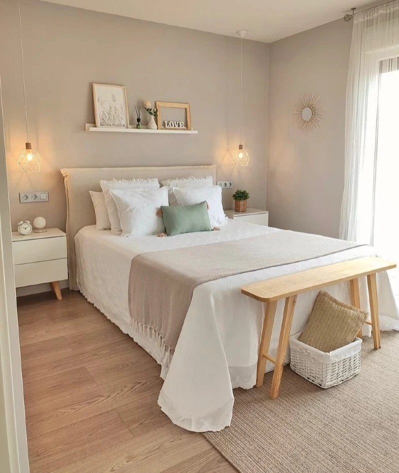 Soft Beige Scandinavian Bedroom with Green Accent Bench and Layered Textures