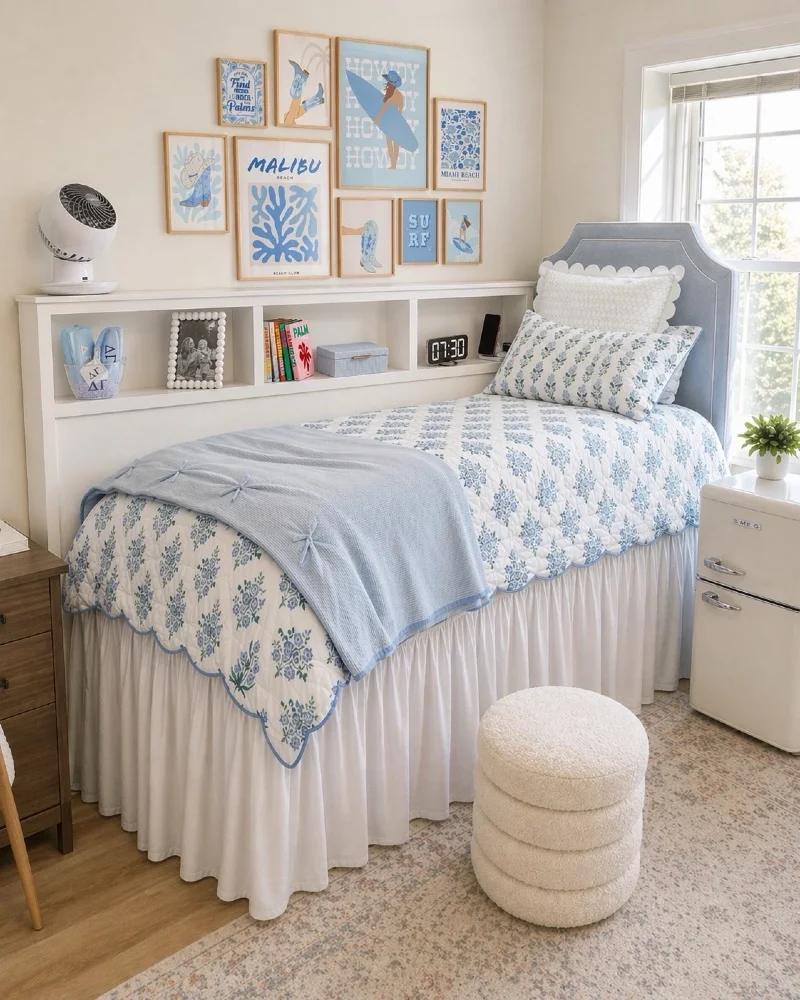 Soft Blue Dorm Setup with Coastal Wall Gallery and Airy Light Layers