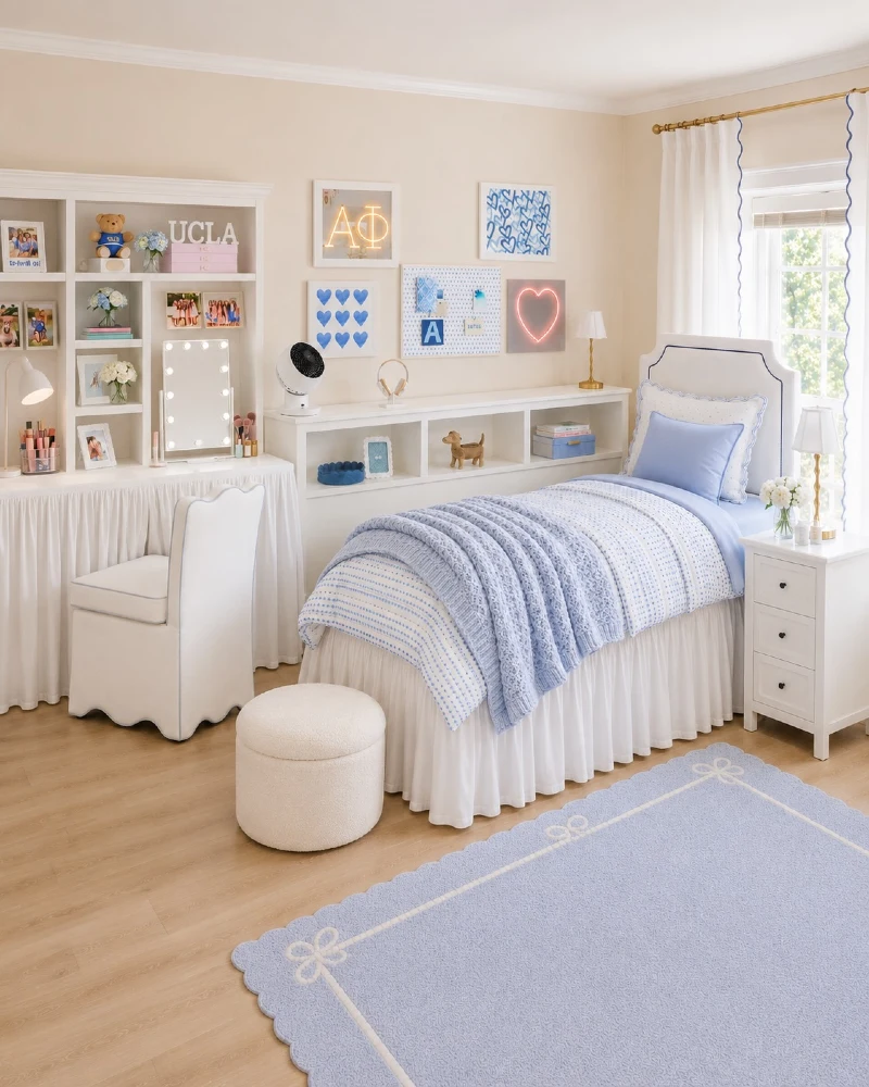 Soft Blue Dorm Setup with Coordinated Desk Wall and Light-Filled Calm Zones