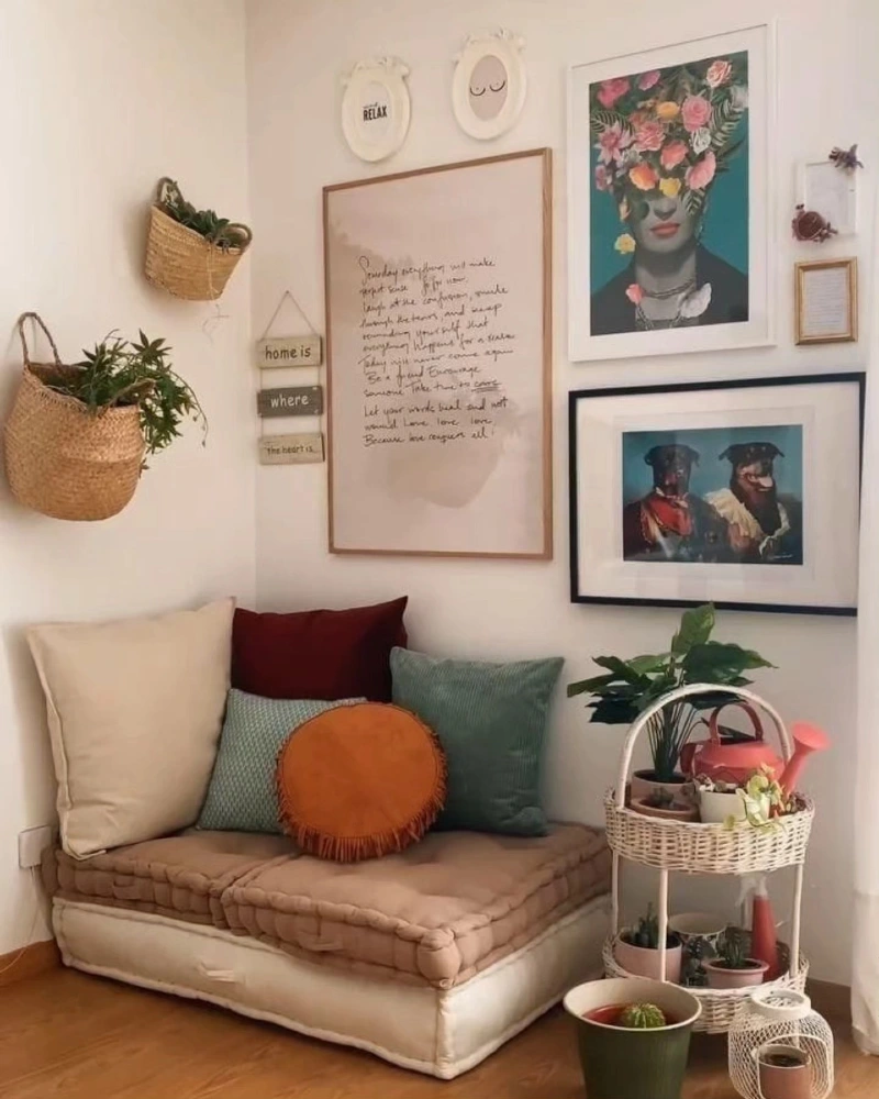 Soft Eclectic Gallery Wall with Natural Wood Frames and Layered Personal Art