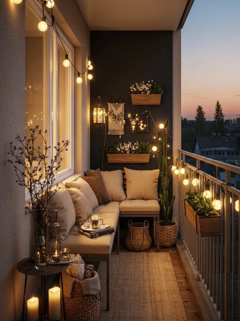 Soft Glow Evening Balcony with Built-In Planters and Vertical Wood Accents