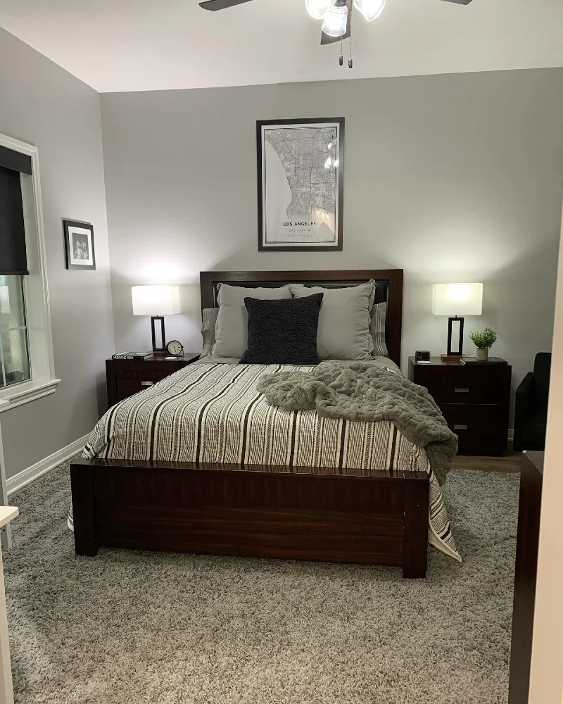 Soft Gray Carpet Bedroom with Symmetrical Lamps and City Map Focal Wall