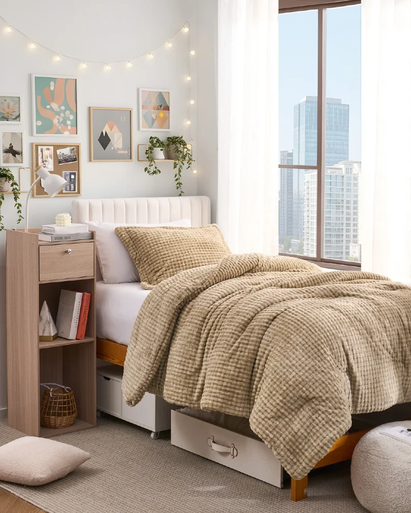 Soft Modern Dorm Setup with Warm Neutrals, Layered Textures, and Desk-by-Window Flow
