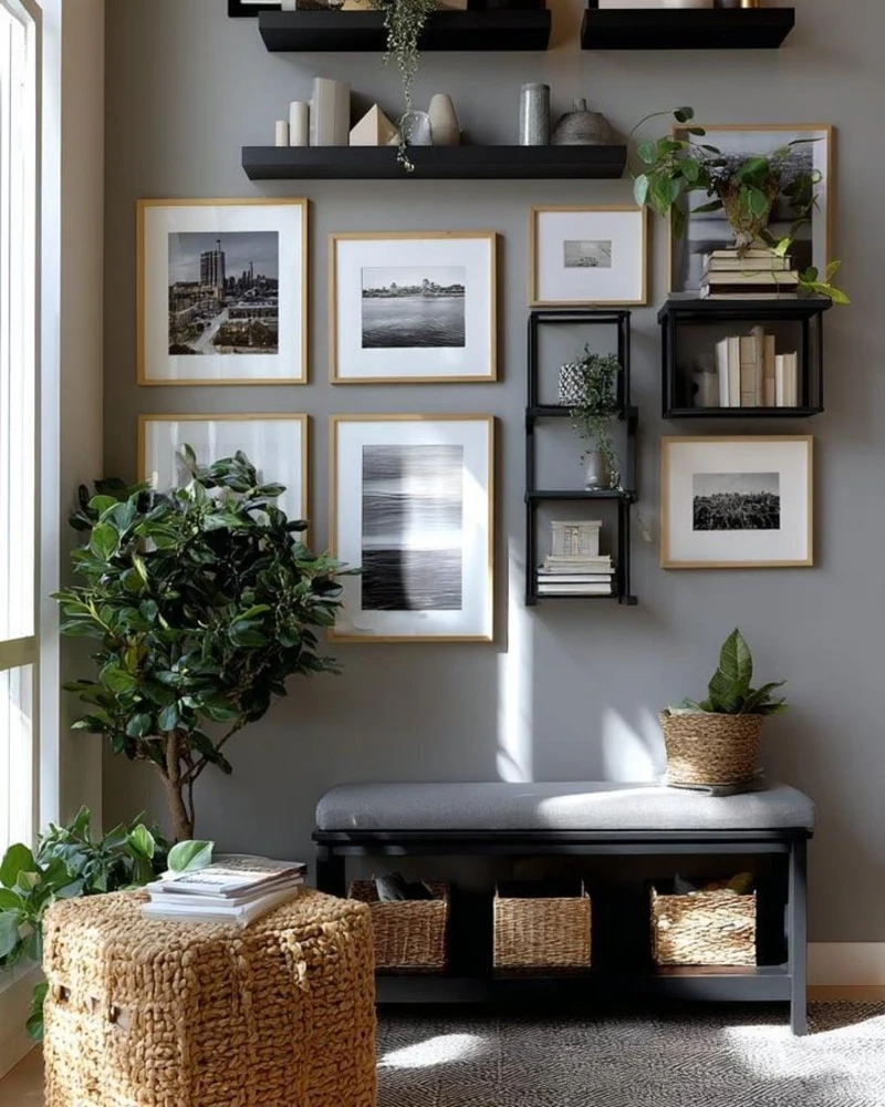 Soft Neutral Gallery Wall with Mixed Frames and Shelf-Layered Styling