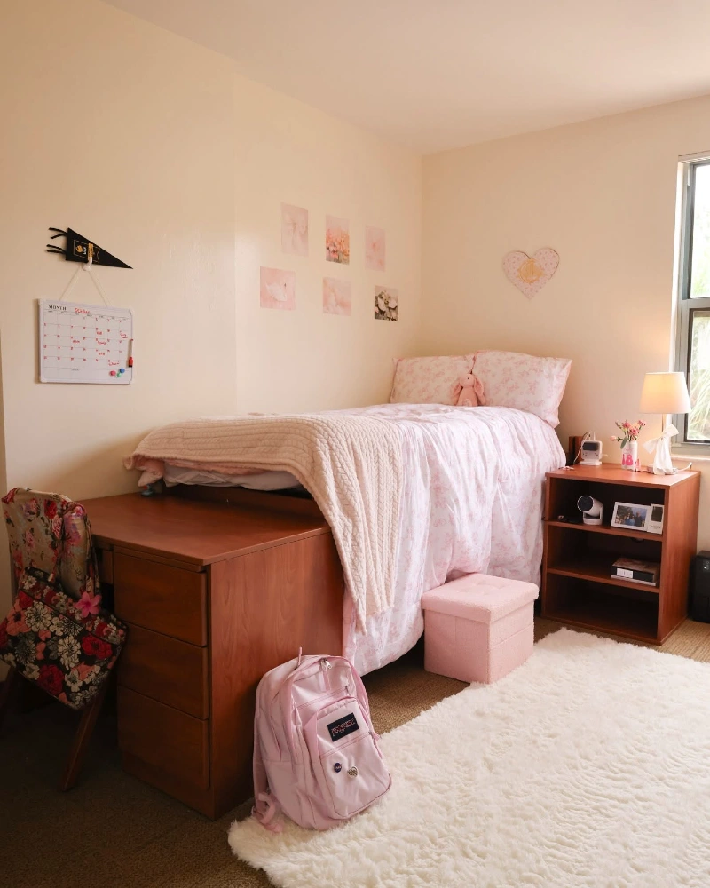 Soft Pink Dorm Setup with Cozy Layers and Personal Wall Grid
