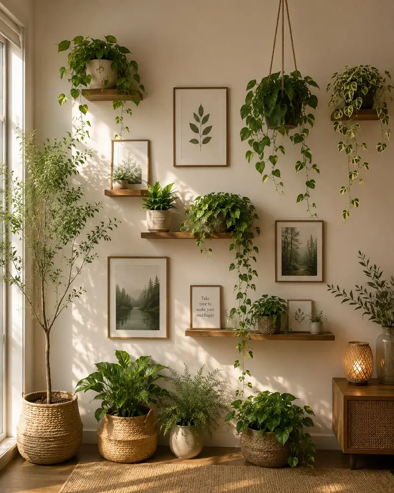 Staggered Wooden Wall Shelves with Framed Forest Prints