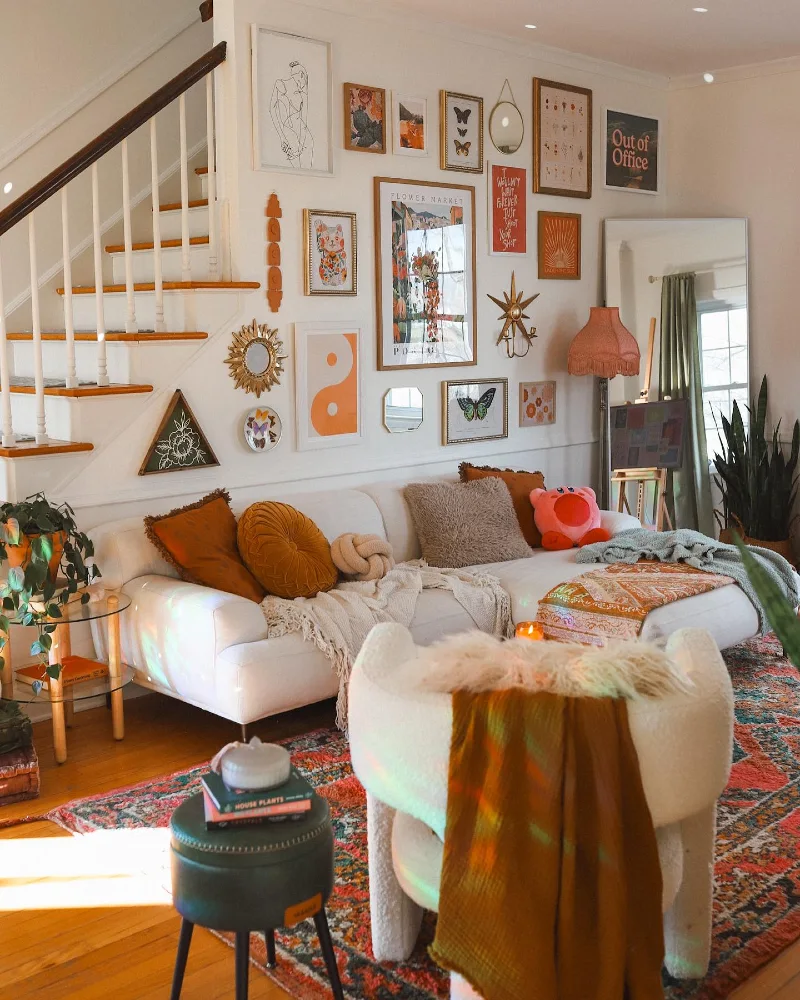 Staircase Corridor Gallery Wall with Warm Eclectic Color Story