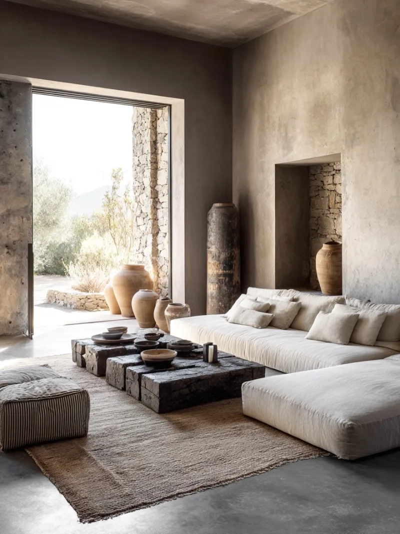 Stone-Plaster Lounge with Block Coffee Tables and Antique Terracotta Jars