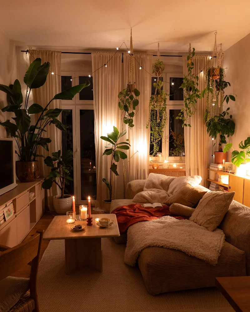 String Light Jungle Living Room with Hanging Plant Layers