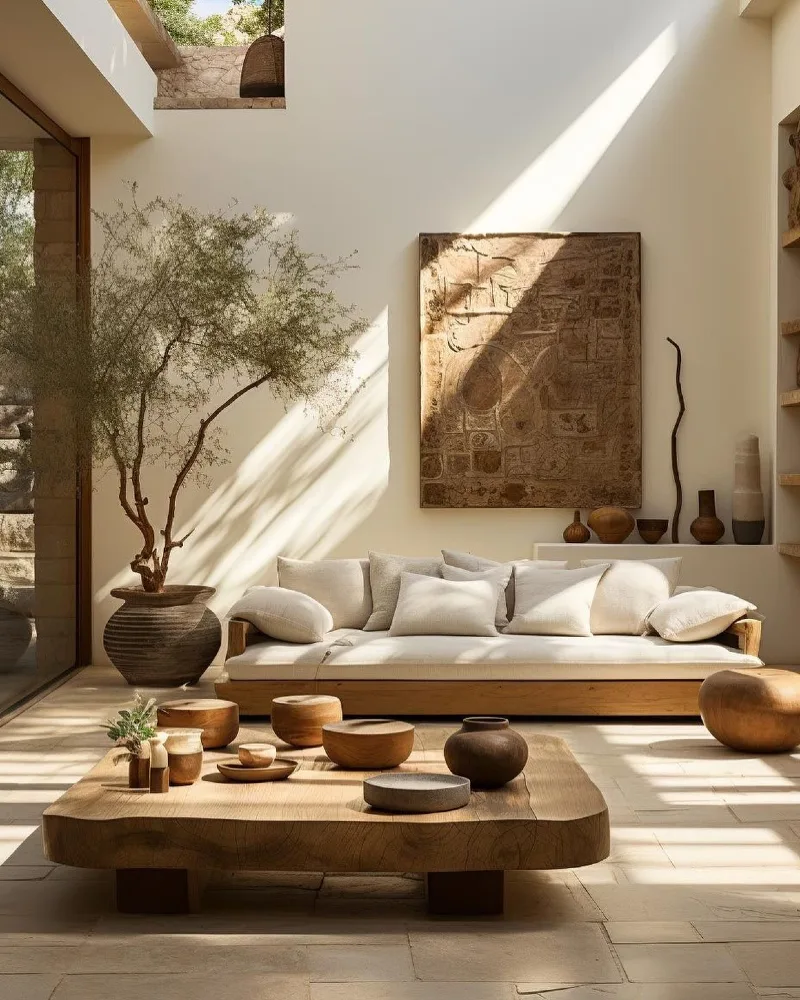 Sunlight-Drenched Sitting Room with Live-Edge Table and Textured Clay Artwork