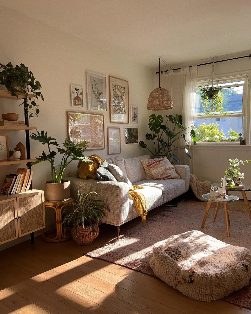 Sunlit Boho Living Room with Gallery Wall and Rattan Glow