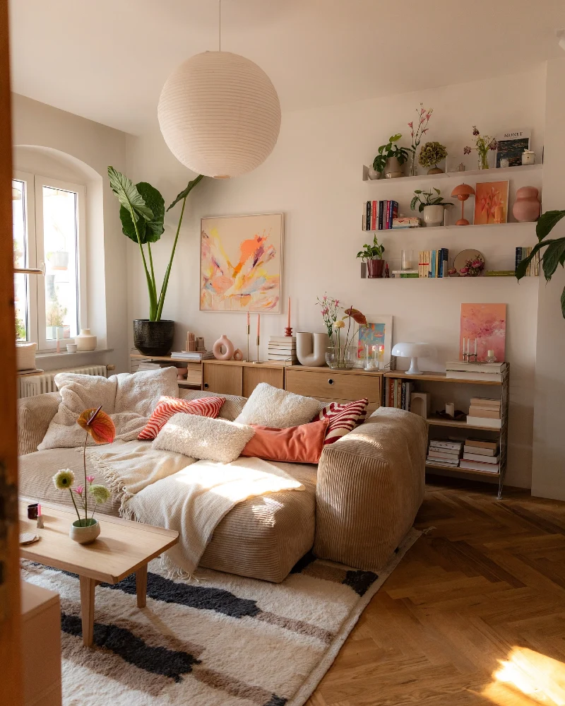 Sunlit Coral Boho Living Room with Paper Lantern Glow and Layered Shelf Styling