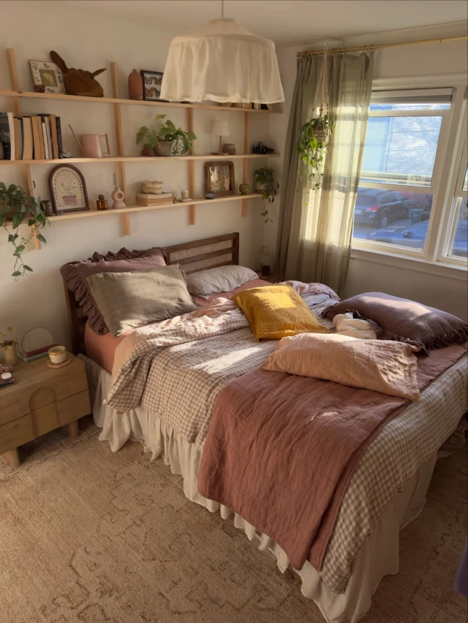 Sunlit Gingham Bed with Open Wall Shelves