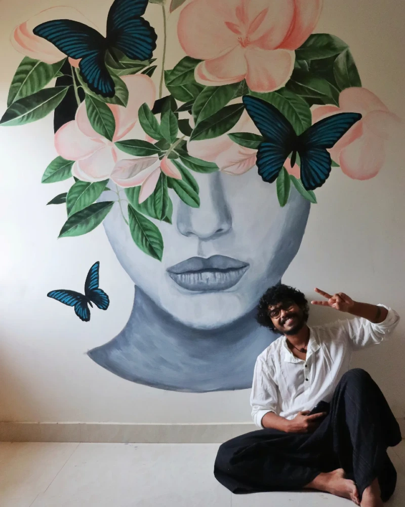 Surrealist Surreal Portrait Mural with Butterflies and Floral Crown