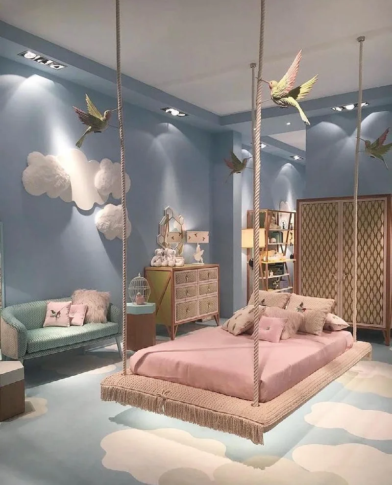Suspended Rope Platform Bed with Sky Blue Walls
