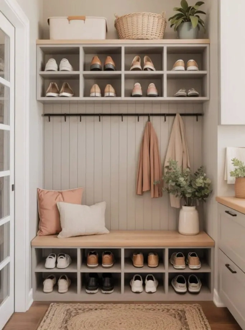 Symmetrical Greige Built-In Mudroom with Upper and Lower Shoe Cubby Grids