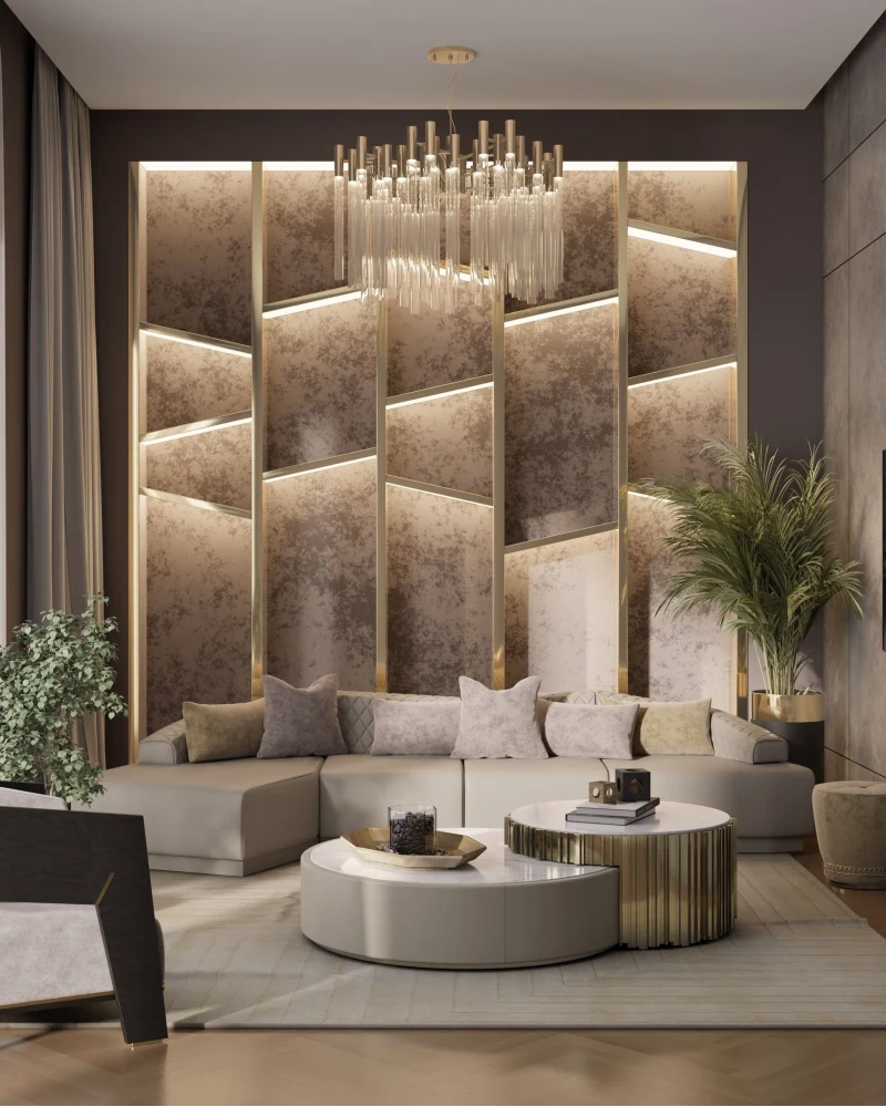 Taupe Leather Sectional with Backlit Textured Wall Panels, Fluted Brass Coffee Table, and Glass Tube Chandelier
