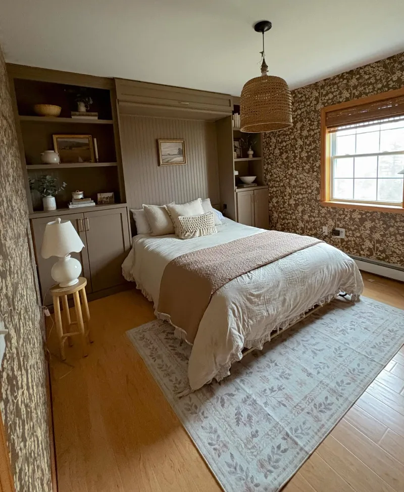 Taupe Shiplap Bed Nook with Whimsical Floral Wallpaper and Woven Bell Pendant