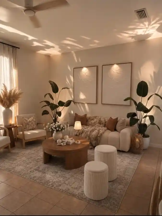 Terracotta Accent Living Room with Textured White Canvas Art