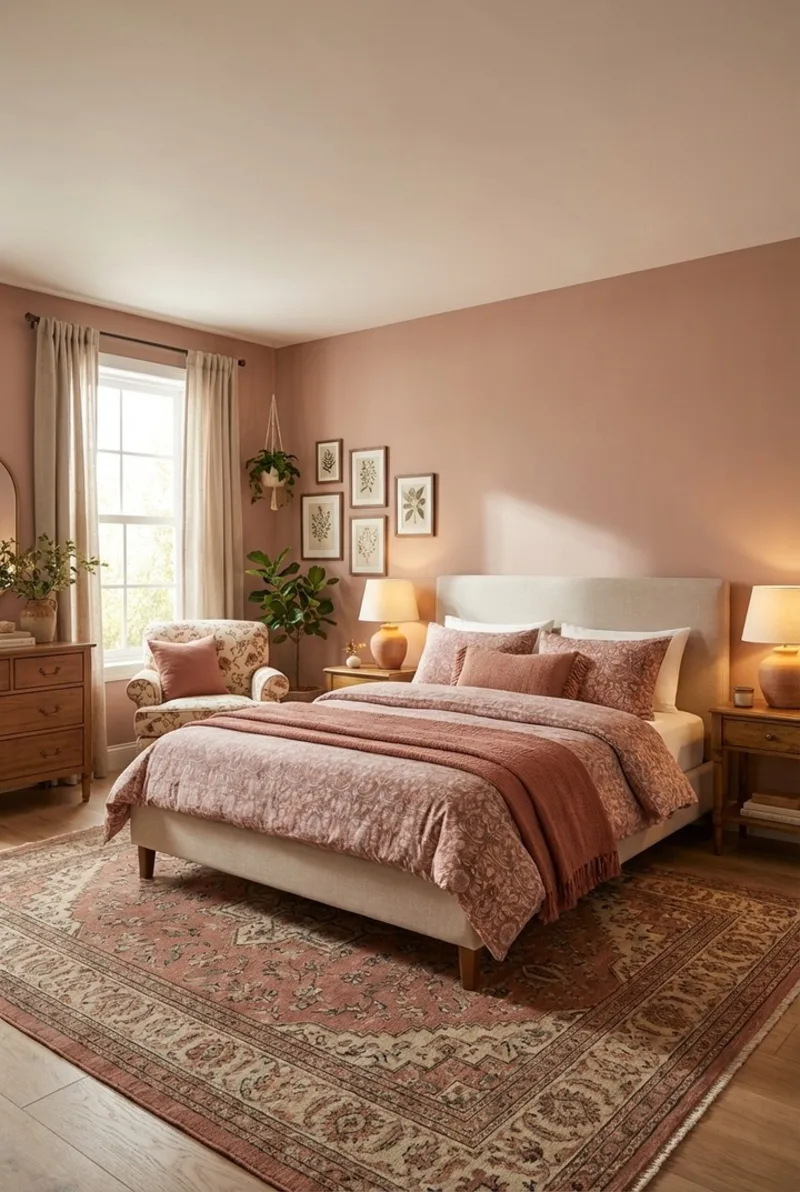 Terracotta Walls with Patterned Earth-Toned Bedding and Vintage Rug