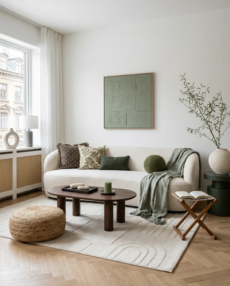 Textured Sage Canvas with Curved Bouclé Sofa and Chevron Floors