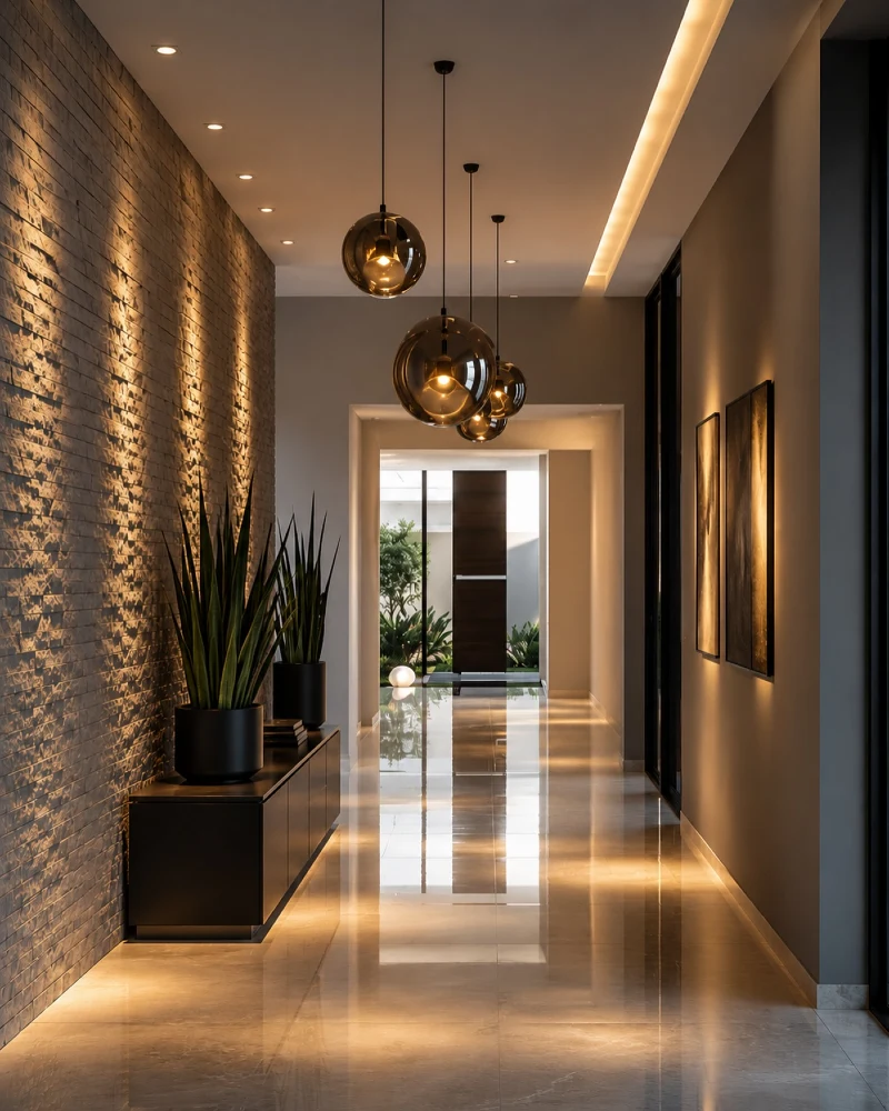 Textured Split-Face Stone Accent Wall with Smoke-Glass Globe Pendants and Polished Marble Gallery Hall