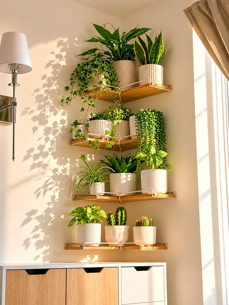 Tiered Bamboo Corner Shelves with Ribbed White Planters