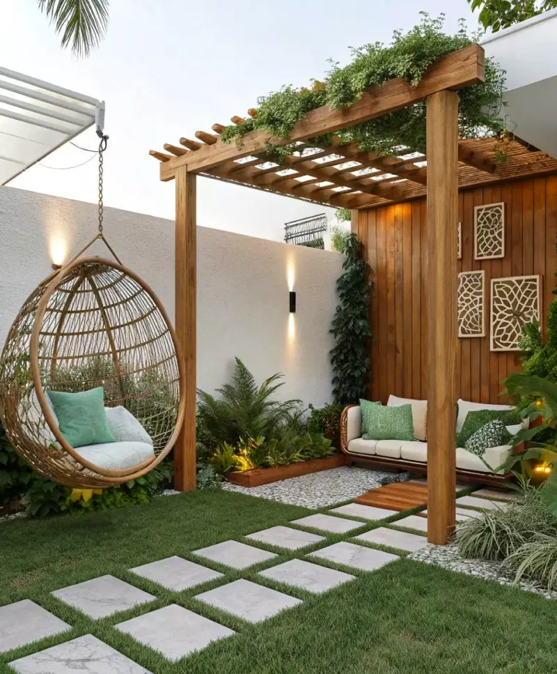Timber Pergola Lounge with Hanging Egg Chair and Grid Pavers
