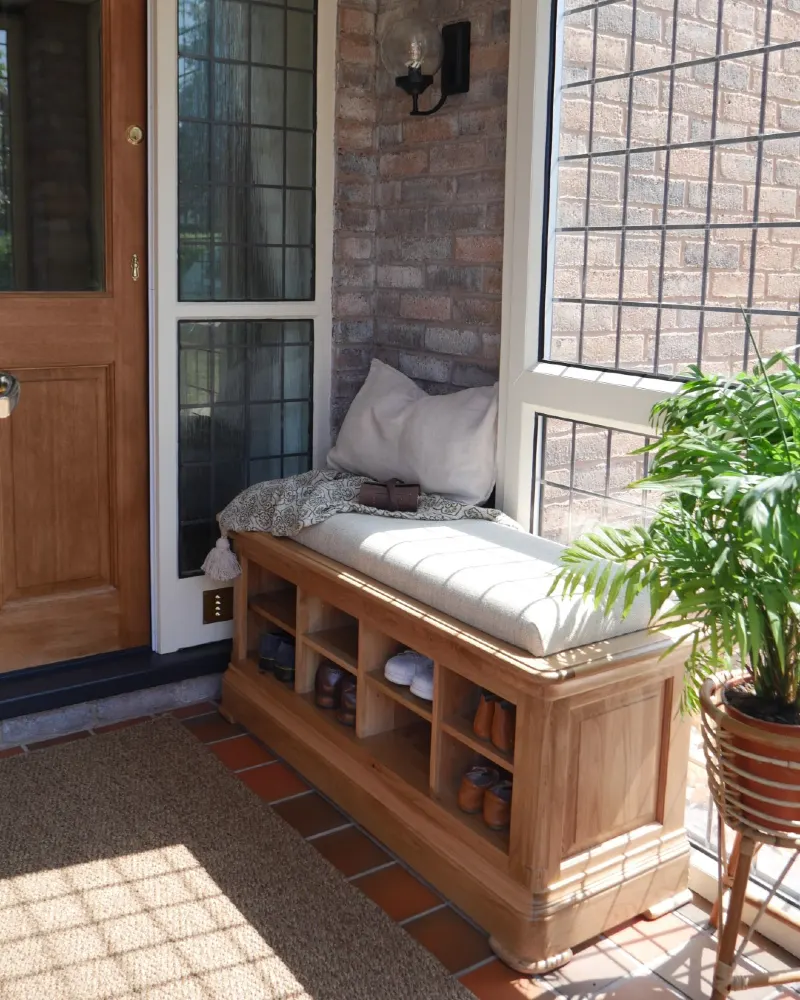 Traditional Light Oak Bench with Plaid Cushion and Open Shoe Cubbies