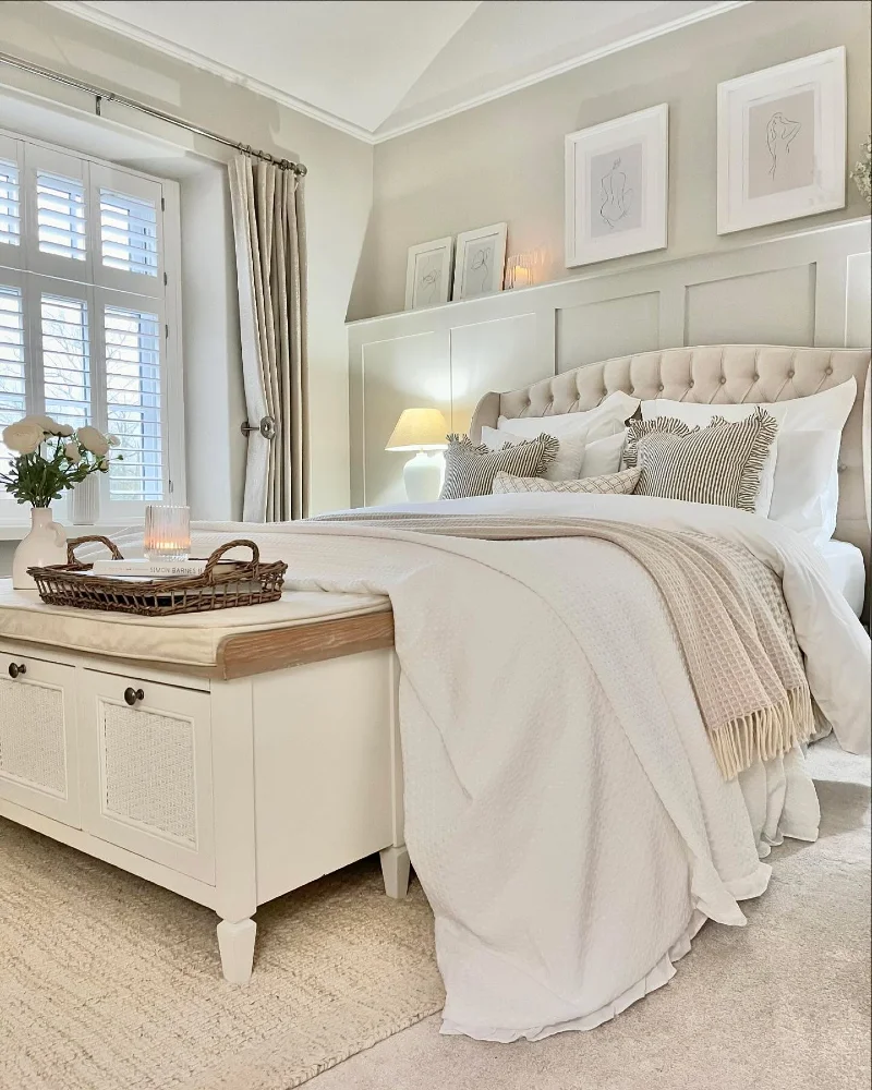 Tufted Cream Bed with Shuttered Window and Woven Tray