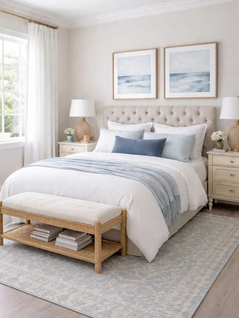 Tufted Cream Headboard with Coastal Blue Accents and Woven Bench