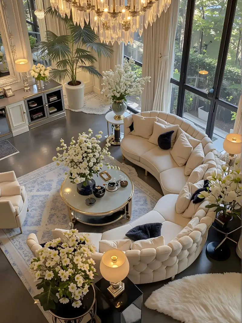 Tufted S-Curve Cream Sofa with Round Glass Coffee Table, Traditional Chandelier, and Lush White Florals