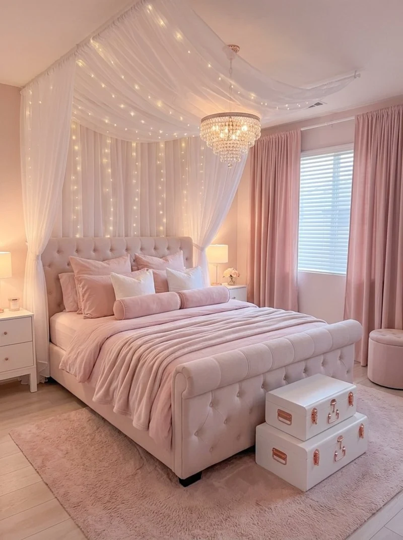 Tufted Sleigh Bed with Draped Ceiling Canopy