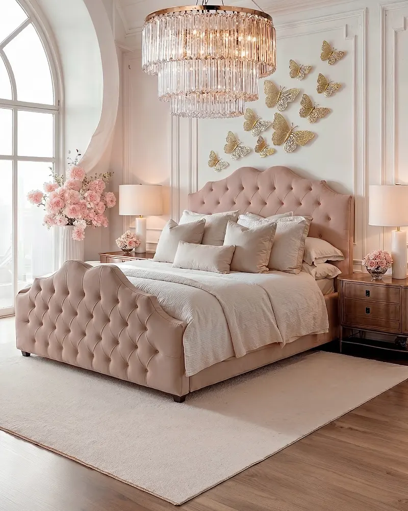 Tufted Velvet Bedframe with Filigree Butterfly Wall Art