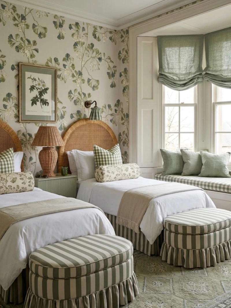 Twin Cane Beds with Sage Floral Wallpaper