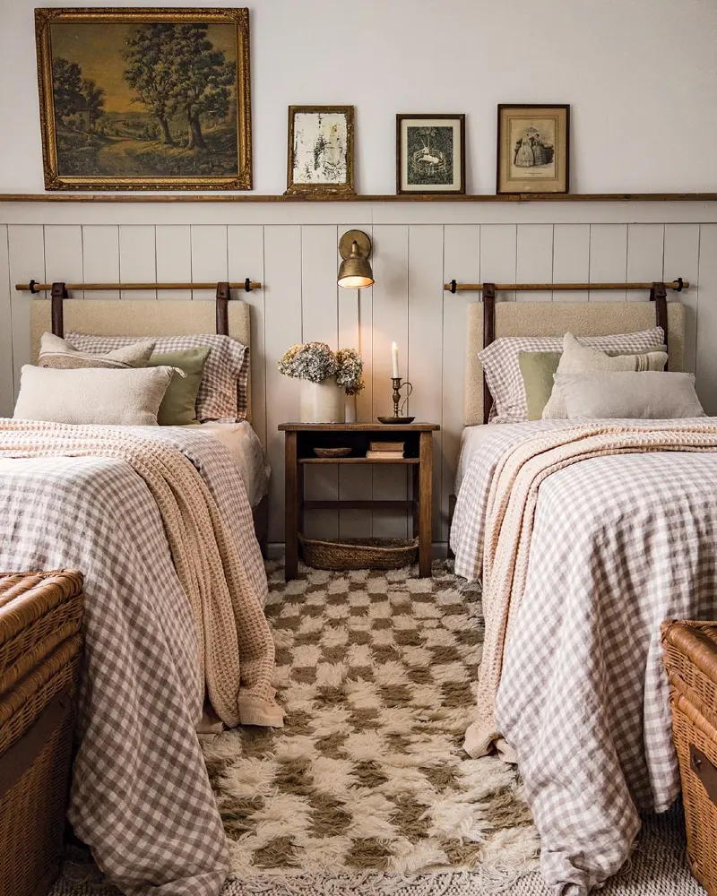  Twin Gingham Beds with Leather Strap Headboards