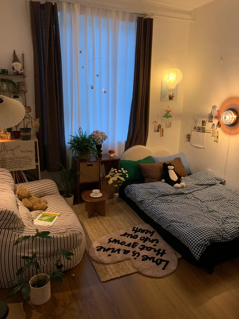 Twin Sleeping Nook Bedroom with Soft Glow Curtains and Mixed Pattern Bedding