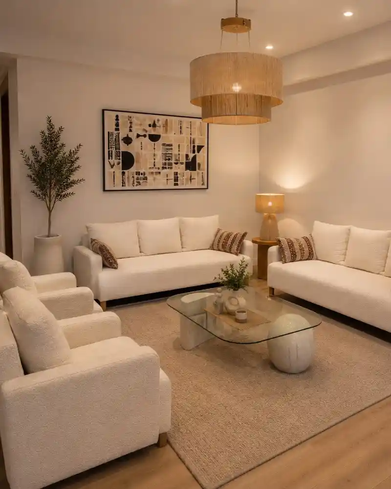 Two-Tiered Jute Pendant with Curved Glass Coffee Table and Cream Sofas