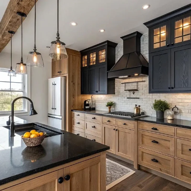 Two-Tone Black Upper and Light Oak Lower Cabinets With Tapered Matte Vent Hood