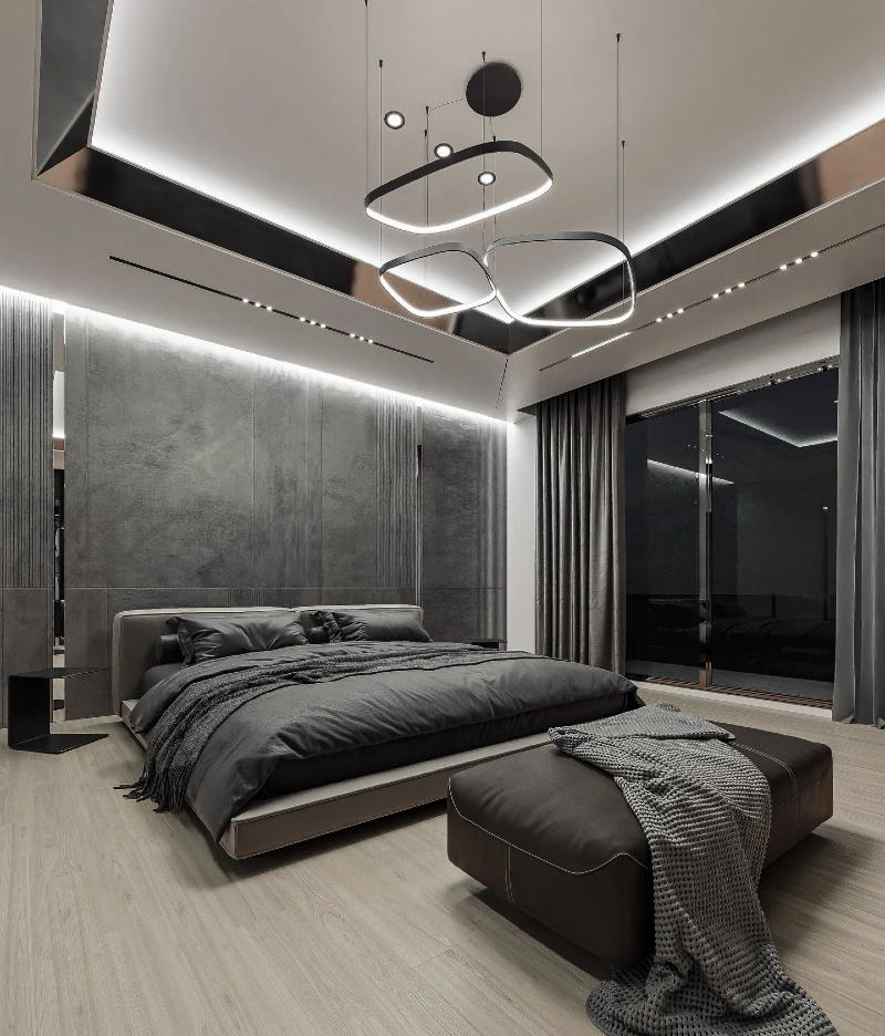 Ultra Minimal Grey Bedroom with Sculptural Ceiling Lights and Monolithic Wall Finish