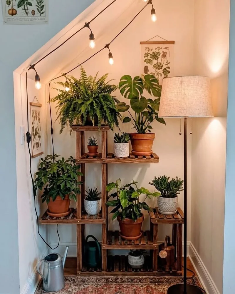 Under-Stairs Alcove Display with Warm Edison String Lights