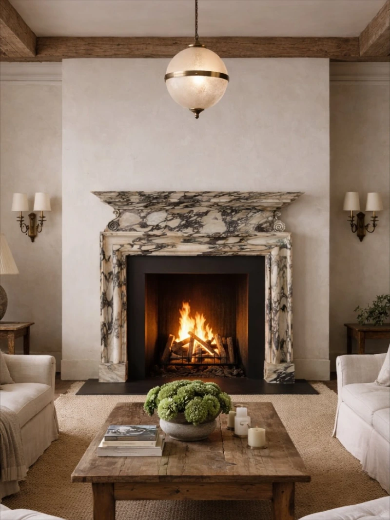 Veined Marble Mantel with Plaster Chimney Wall, Globe Pendant, and Rustic Wood Coffee Table