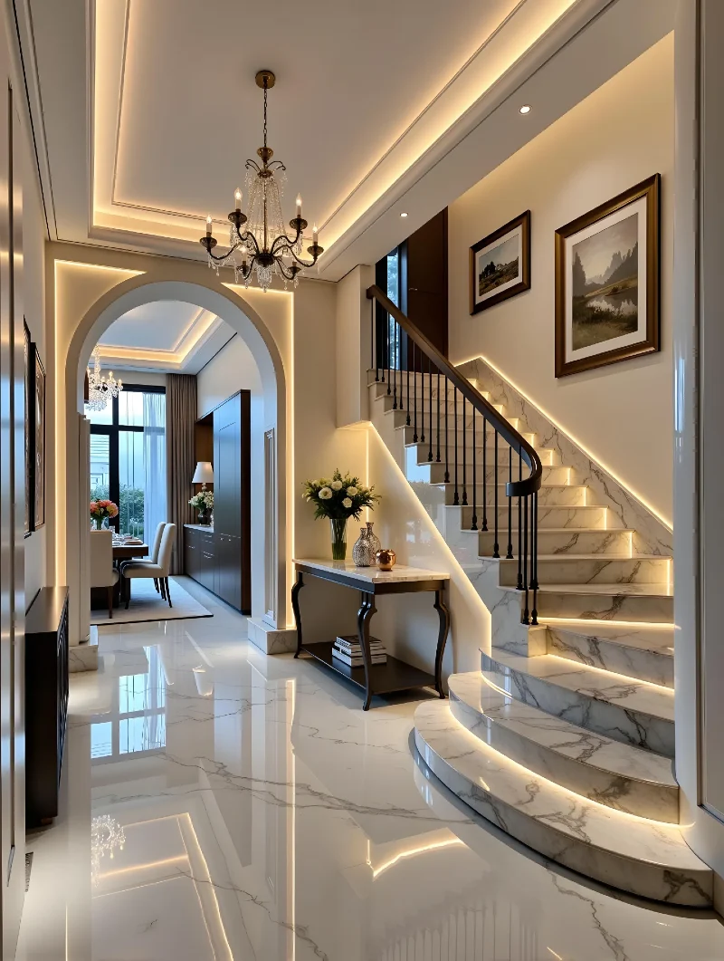 Veined Marble Staircase with Illuminated Risers, Classic Console Table, and Framed Arched Portal
