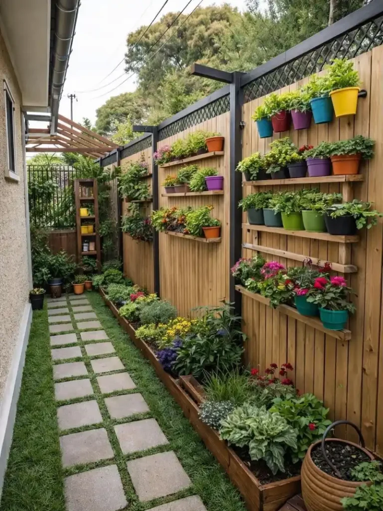Vertical Garden Wall with Colorful Pots and Grid Paver Path