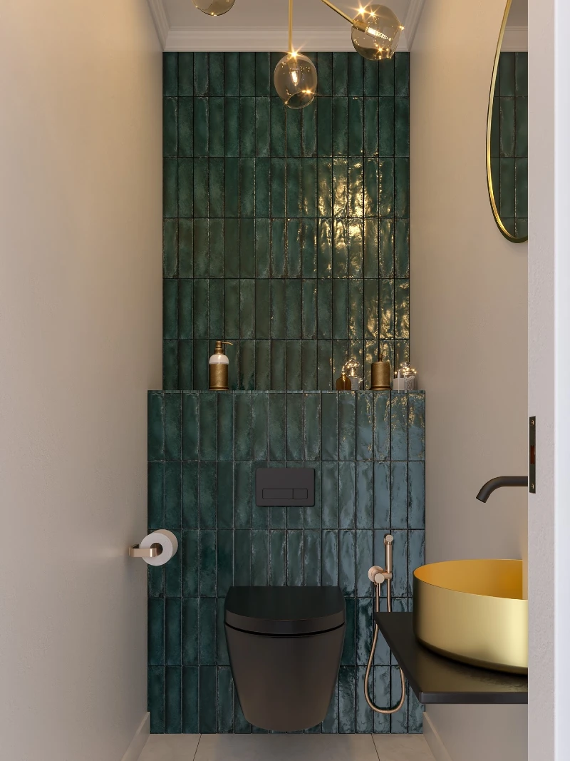 Vertical Glazed Teal Stacked Tiles with Brushed Gold Vessel Sink and Black Wall-Hung Toilet