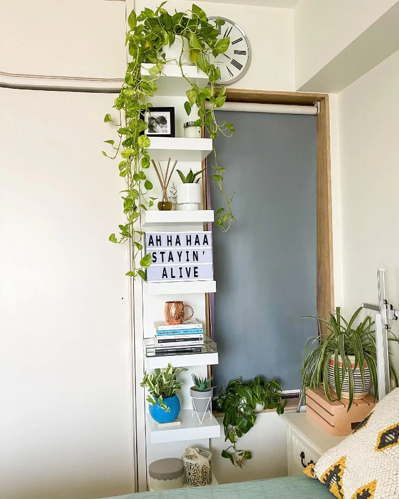 Vertical Spine Shelving Tower with Cascading Pothos and Lightbox