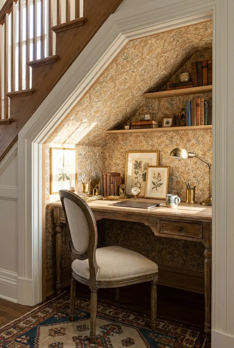 Vintage Oak Writing Desk with William Morris Wallpaper and Floating Bookshelves