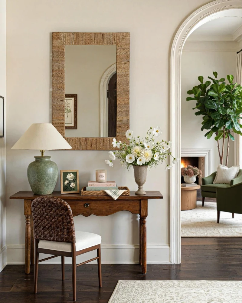 Vintage Wood Console with Woven Mirror, Sage Lamp, and Garden Flowers