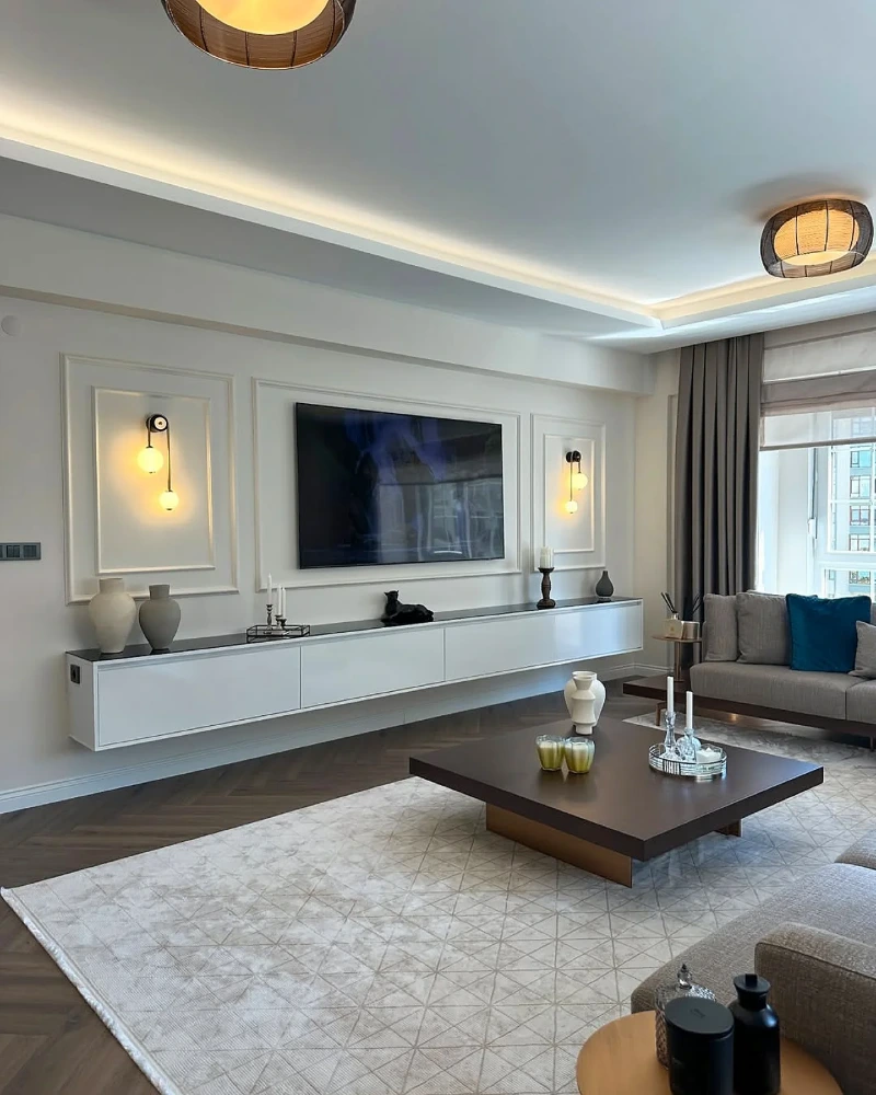 Wall-Mounted Media Console with Soft Ambient Sconces