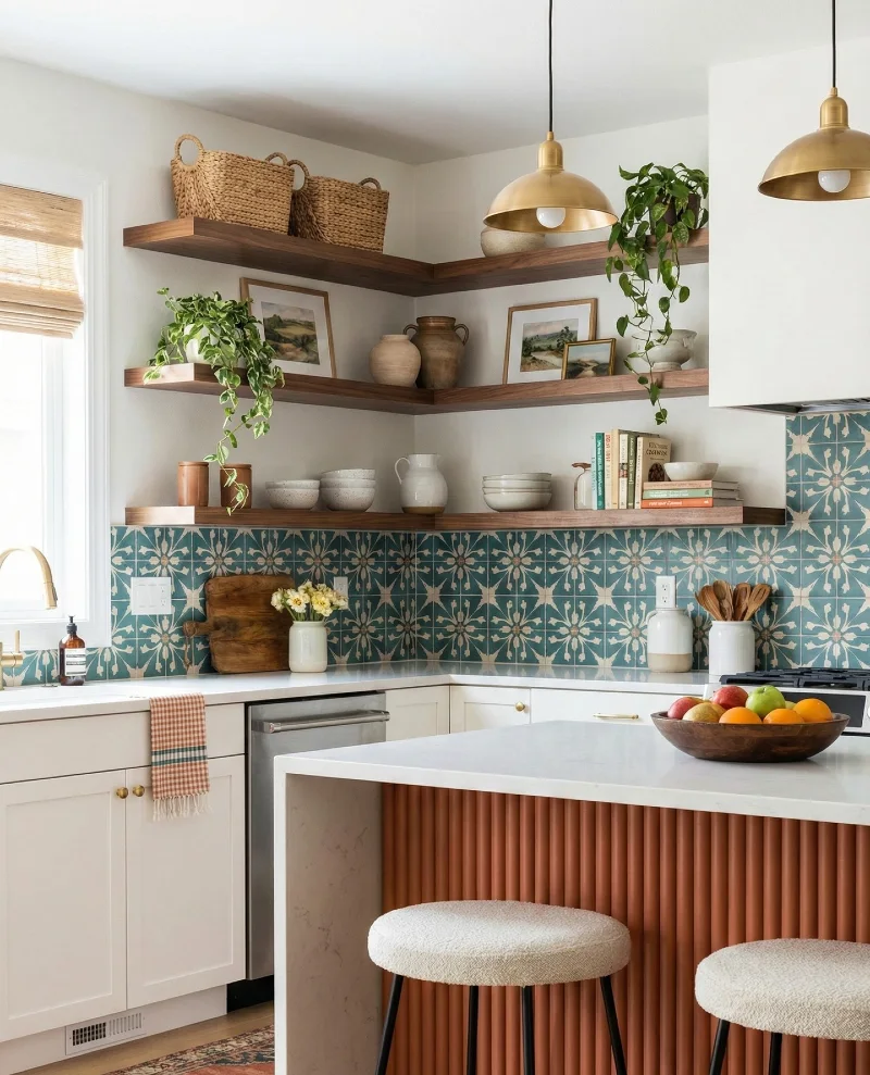 Walnut Corner Shelves with Woven Baskets and Earthenware Vases
